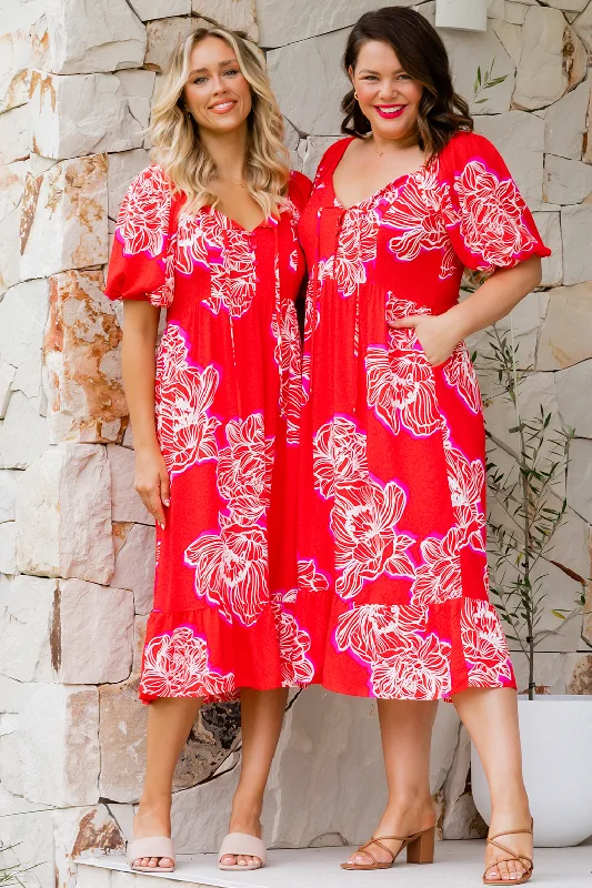 FINAL SALE | Holly Midi Dress Magnolia Print Red