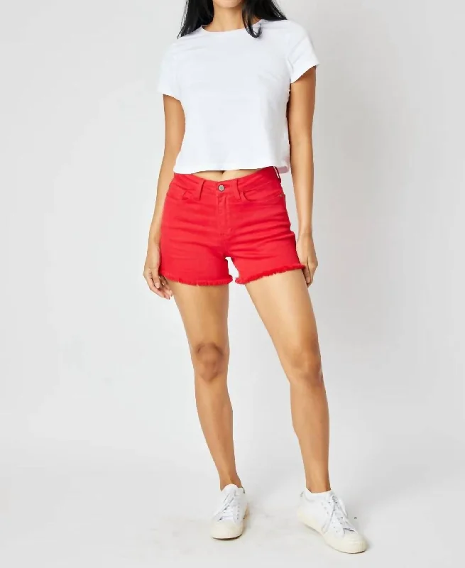 Frayed Hem Shorts In Red