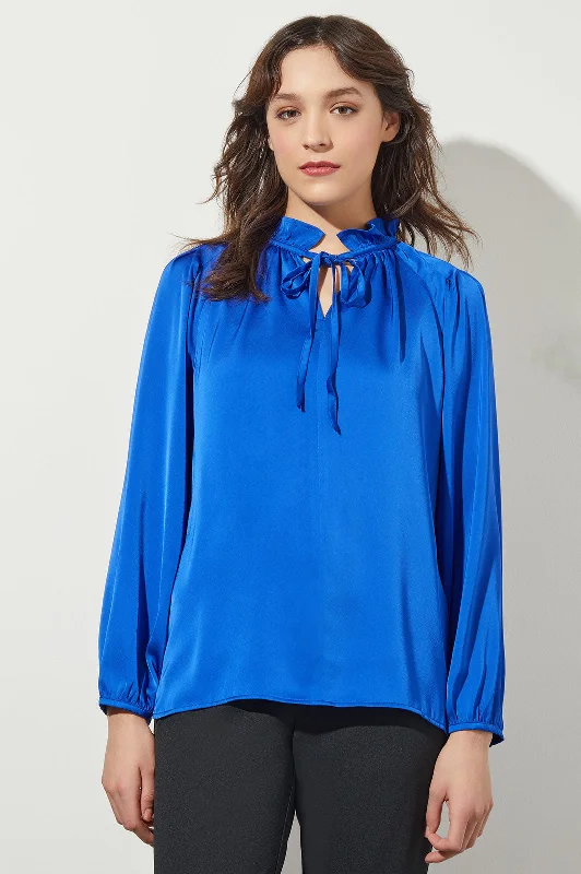 Ruffled Tie Keyhole Neck Crepe de Chine Blouse, Deep Sky