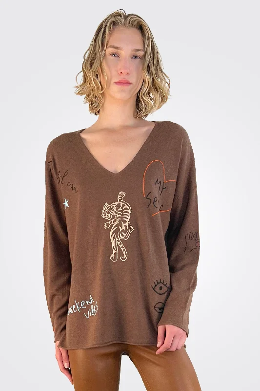 Jessie V-Neck Knitted Sweater - Chocolate Brown