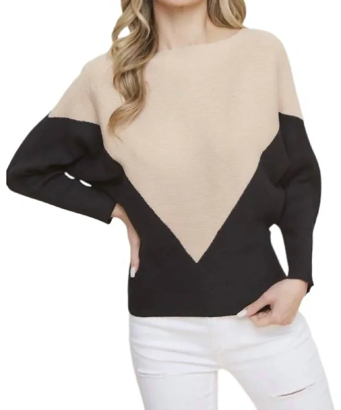 Corinne Color Block Dolman Sleeve Sweater In Mocha/black