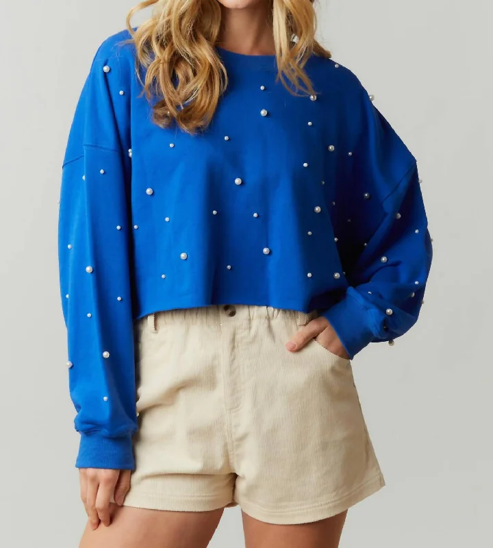 Cozy Pearl Studded Crop Sweatshirt In Royal Blue