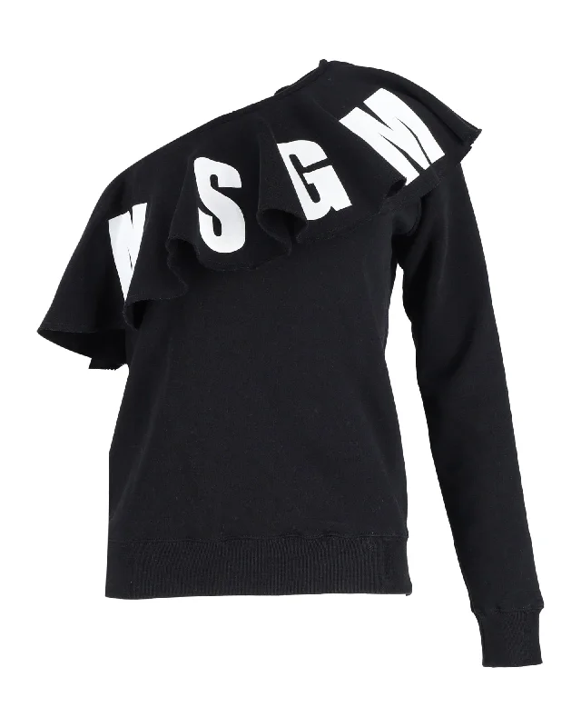 MSGM Logo Print One-Shoulder Ruffled Sweatshirt in Black Cotton