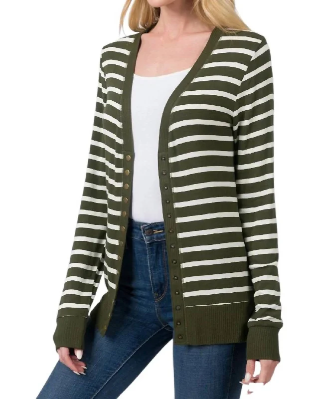 Nellie Striped Snap Button Cardigan In Olive/ivory