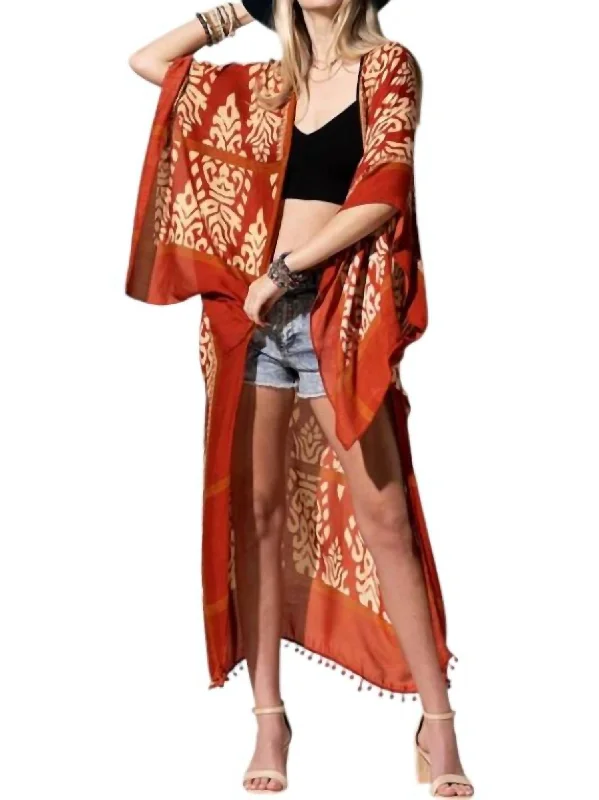 Samantha Damask Print Kimono In Rust