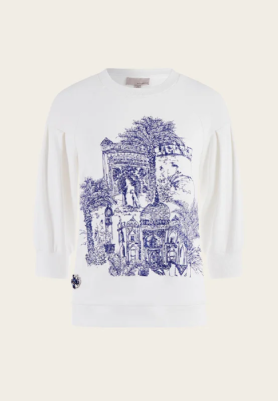 Blue Print Lineart White Mid-sleeves Sweatshirt