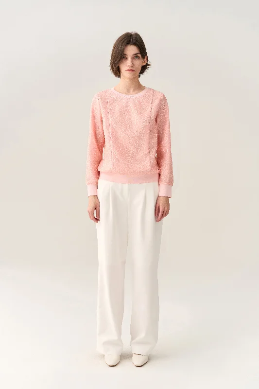 Pressed-crease Ribbed-hem Lace Sweatshirt