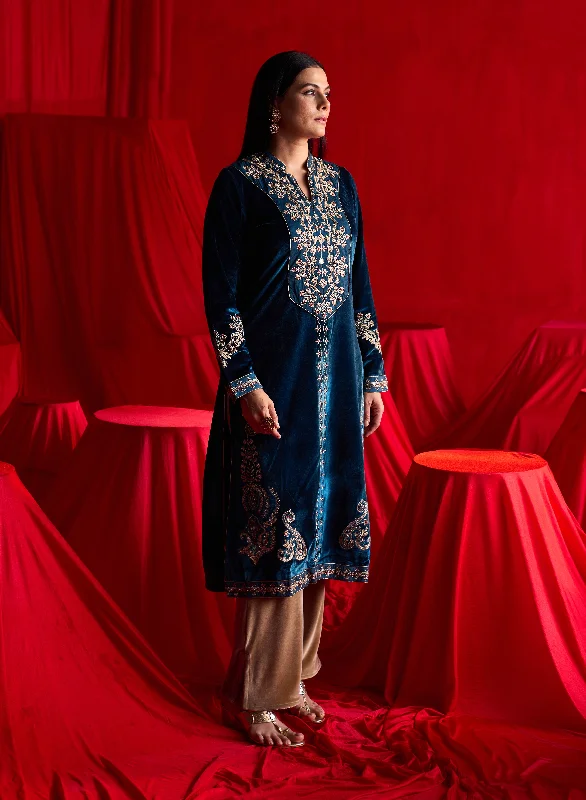 Dark Teal Zari Work Velvet Kurta with Sequins