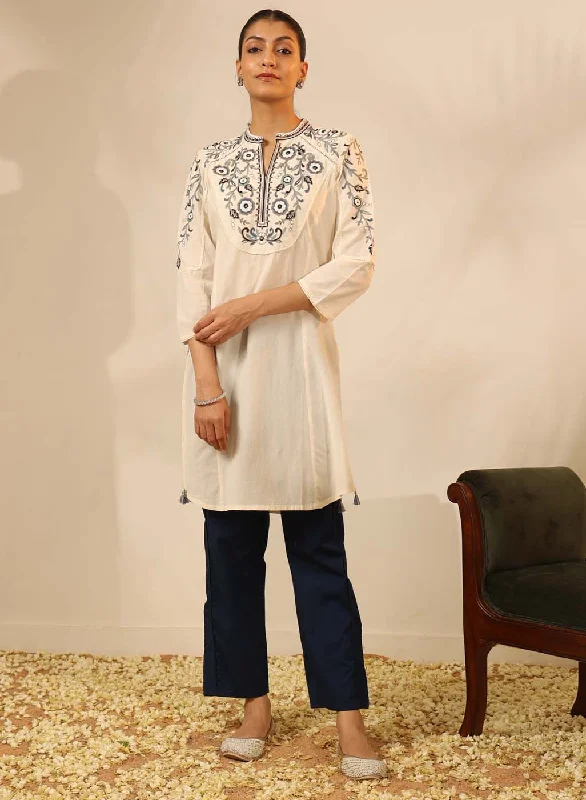 Ivory Knee-length Embroidered Kurta