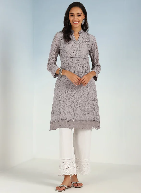 Mirror Work Grey Kurta with Floral Motifs