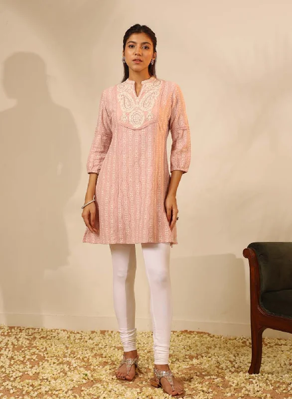 Peach Raschel Net Embroidered Kurti for Women