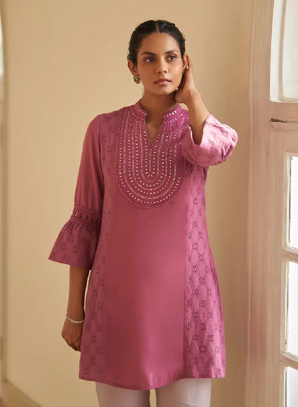 Pink Short Tunic with Mirror Work and Bell Sleeves