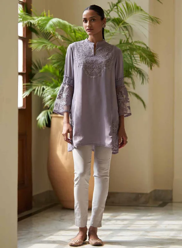 Purple Embroidered Tunic for Women with Lace Inserts