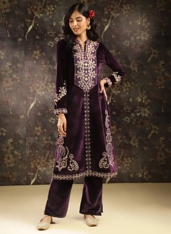 Purple Zari Work Velvet Kurta with Sequins