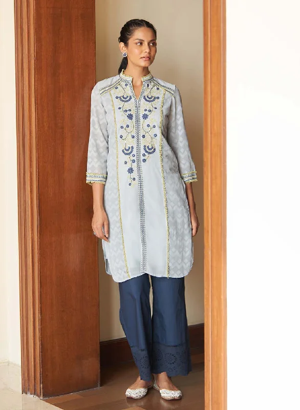 Spa Blue Embroidery Knee Length Kurti