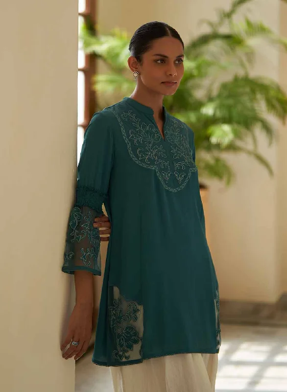 Teal Embroidered Tunic for Women with Lace Inserts