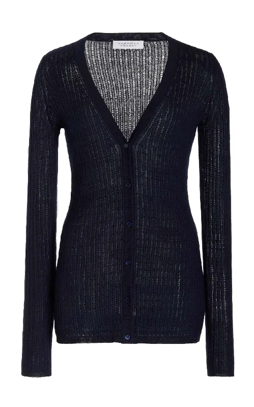 Emma Pointelle Knit Cardigan in Dark Navy Cashmere Silk