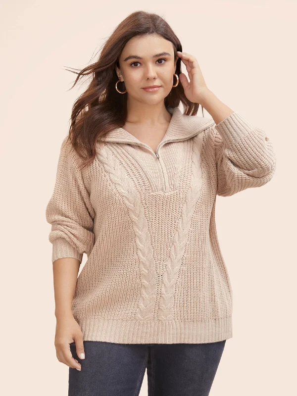 Lapel Collar Half Zip Cable Knit Pullover