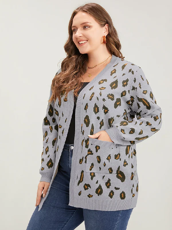 Leopard Super Soft Knit Pocket Jacquard Open Front Cardigan